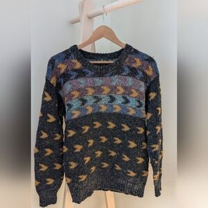 Vintage Abstract Geometric Speckled Wool Crewneck Sweater In Charcoal Gray